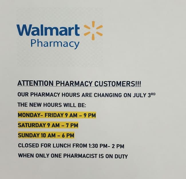 walmart pharmacy hours lunch